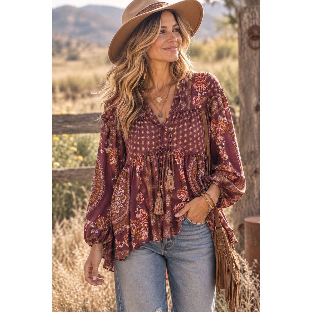 Knox Rose Burgundy Floral Paisley Tassel Boho Babydoll Tunic Top XS